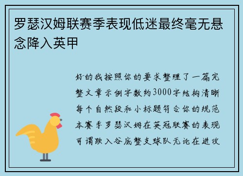 罗瑟汉姆联赛季表现低迷最终毫无悬念降入英甲