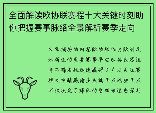 全面解读欧协联赛程十大关键时刻助你把握赛事脉络全景解析赛季走向